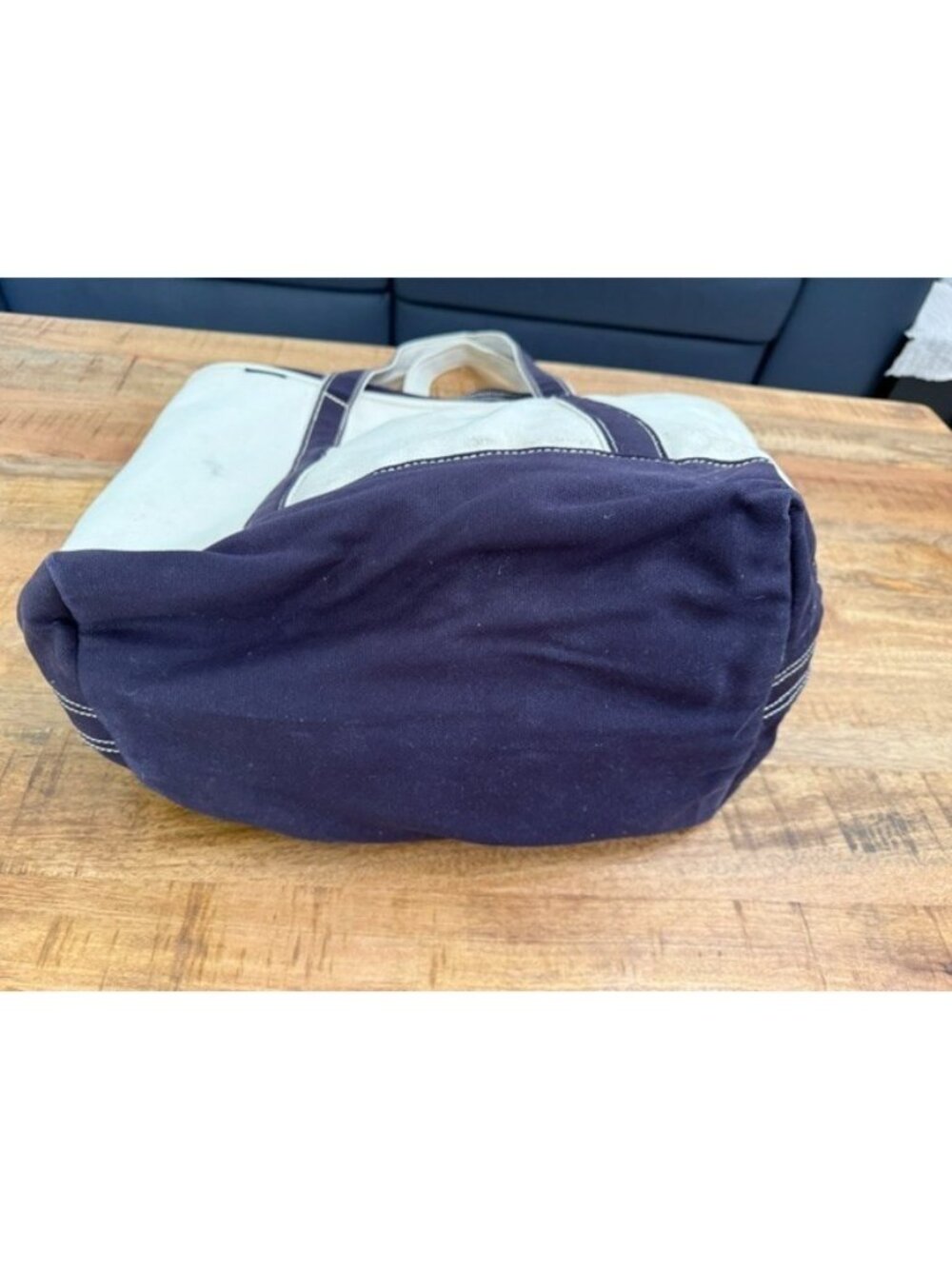 Lands End Heavy Duty Canvas Boat Tote XL Cream Navy USA Retro Zip Zipper Spots - Picture 11 of 16
